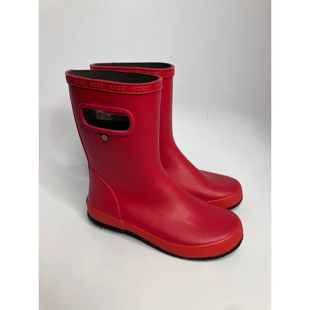 Bogs Skipper Solid Rain Boots Kids Size 3 Red Good Waterproof Pull On Handle